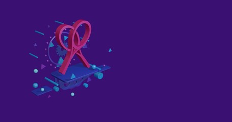 Fototapeta premium Pink crossed tennis rackets symbol on a pedestal of abstract geometric shapes floating in the air. Abstract concept art with flying shapes on the left. 3d illustration on deep purple background