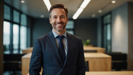 Confident mid-adult businessman standing in a modern office, smiling directly at the camera.

