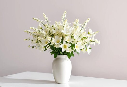 Elegant white masterwort bouquet in minimalist white vase, ample copy space, nature, element