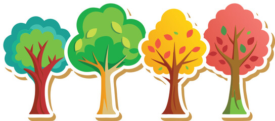 Four Seasons Trees Sticker: Cartoon Illustration of Spring, Summer, Autumn, Winter Trees with Colorful Leaves