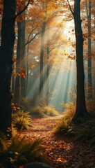 Fototapeta premium Serene Forest Path Bathed in Golden Sunlight During Autumn, Featuring a Carpet of Fallen Leaves and Lush Ferns