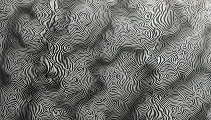 Black and White Abstract Topographic Pattern of Lines and Concentric Circles resembling Fingerprints or Topography.