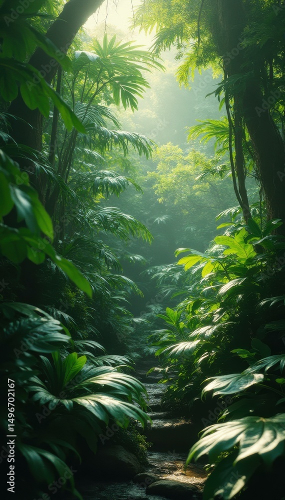 Poster lush jungle path with sunlight filtering through dense tropical greenery