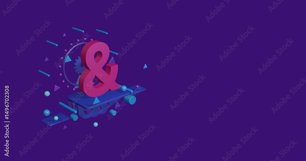 Fototapete pink ampersand symbol on a pedestal of abstract geometric shapes floating in the air. abstract conce