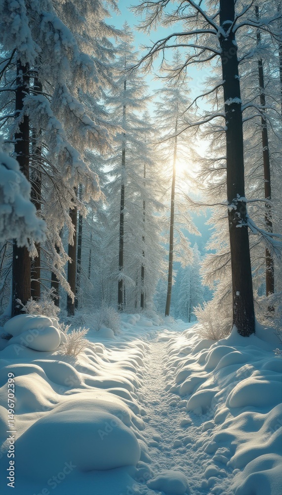 Poster sunlight streams through snow covered trees onto a path in a winter woodland scene