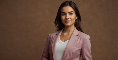 Stylish young woman in business attire—pink blazer contrasting with a rich brown setting.

