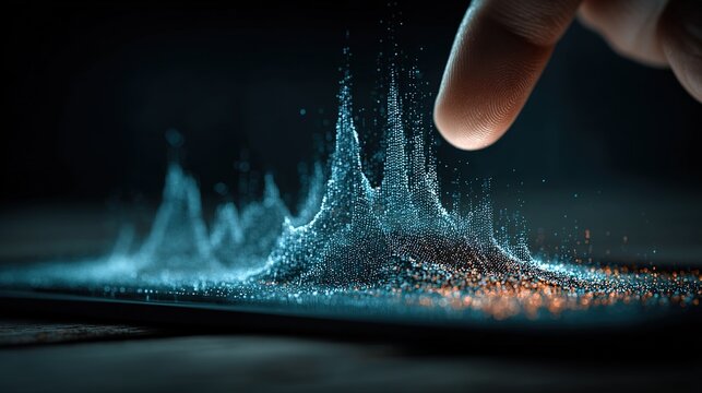 Glowing Blue Particle Digital Art with Orange Peaks &ndash; Futuristic Sci-Fi Touch Interaction Concept, 32k Resolution