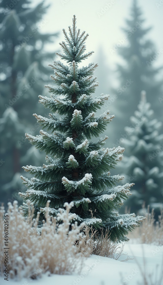 Poster a small evergreen tree covered in frost stands in a snowy forest, creating a winter wonderland scene