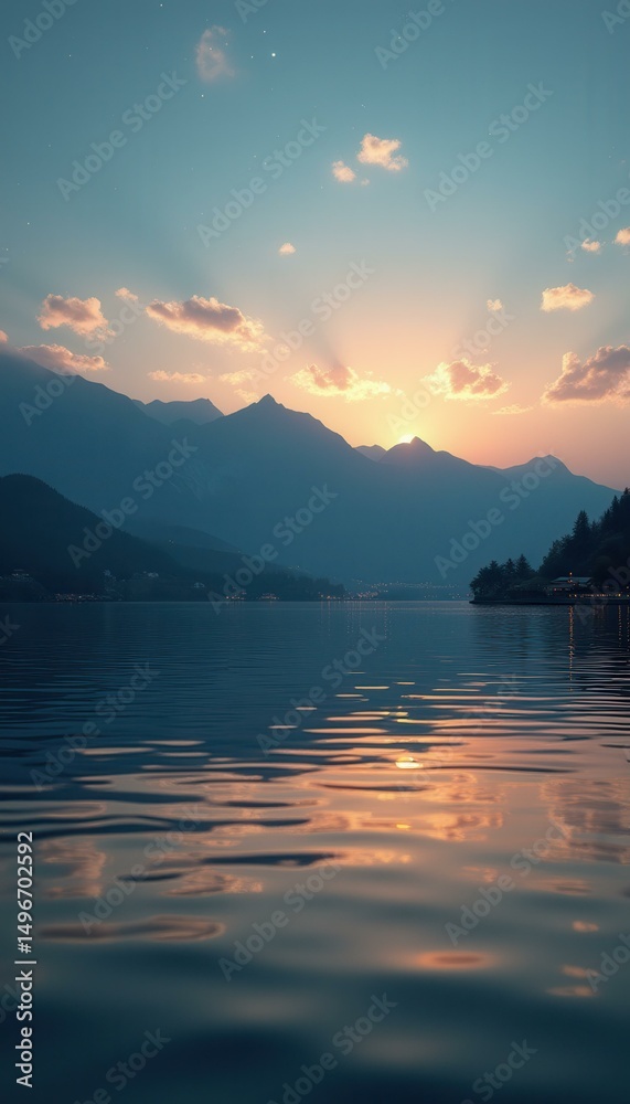 Aufkleber serene mountain lake sunset with reflections on water and soft clouds in the sky, creating a peacefu