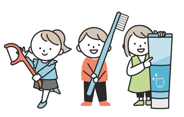 フロスと歯ブラシと歯磨き粉を持つ子供のイラスト　虫歯予防・歯みがき習慣のシンプルでかわいいイメージ