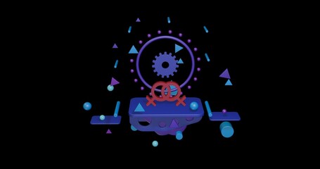 Red lesbian symbol on a pedestal of abstract geometric shapes floating in the air. Abstract concept art with flying shapes in the center. 3d illustration on black background