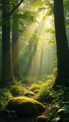 Fototapeta premium Sunlit Forest Path: Serene Woodland Scene with Mossy Rocks, Green Foliage, and Rays of Sunlight