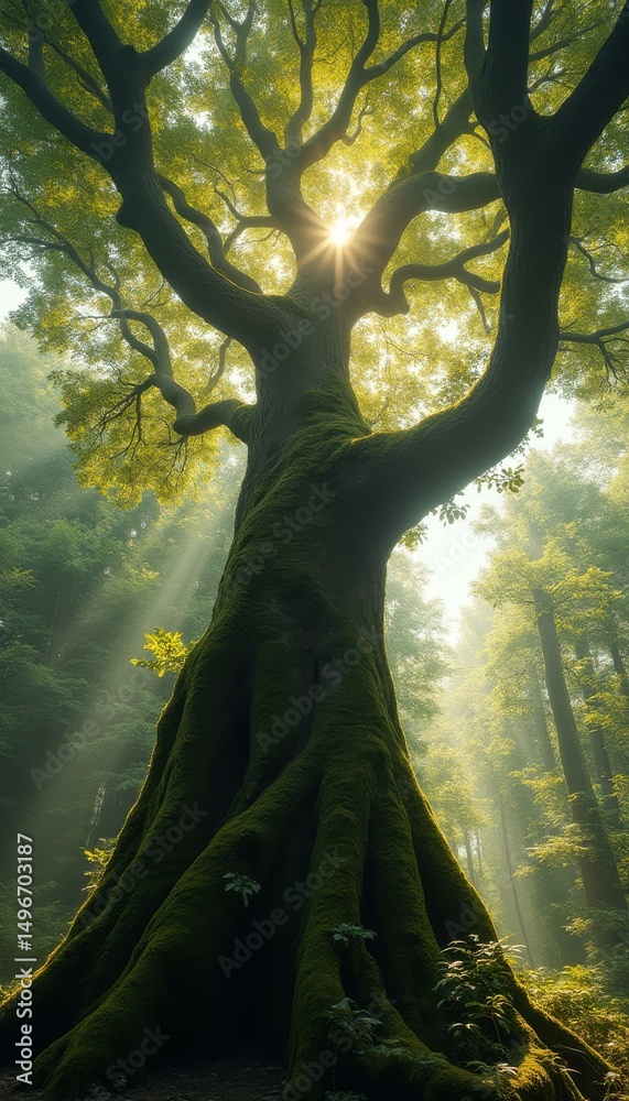 Aufkleber majestic old tree with spreading branches and sunlit leaves in a mystical forest with glowing sunbea