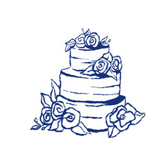 Vector illustration of a wedding cake with roses, drawn in a blue hand-drawn outline style. Elegant and minimalistic design for invitations, greeting cards, and bakery branding.