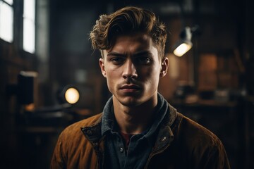 Modern Studio Shot of Young Man in Industrial Interior
