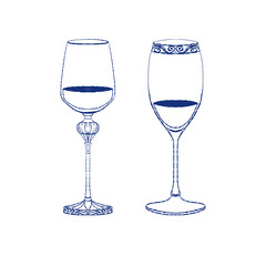 Vector illustration of two elegant wine glasses with ornate bases and rim details. Blue outline drawing in vintage style, ideal for wine branding, menus, and event decor.