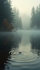 Serene Lake Reflections: Stone Creates Ripples in Foggy Forest Landscape