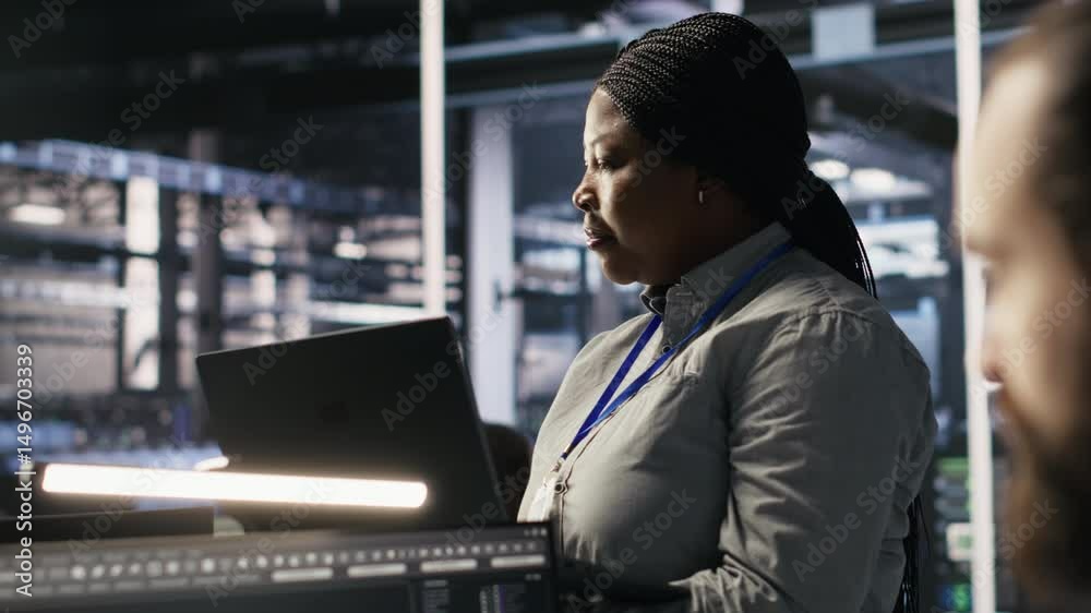 Poster data center manager supervising engineer developing software to analyze neural networks at computer 