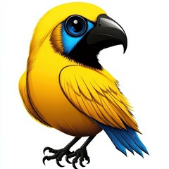 Fototapeta premium Adorable Cartoon Bird with Yellow Plumage, Blue Accents and Curious Expression Standing on a White Background