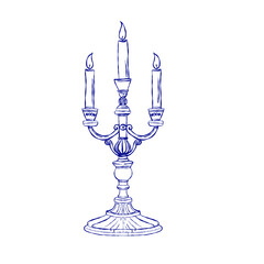Vector illustration of a decorative three-arm candelabra with lit candles in an ornate vintage style. Blue outline drawing perfect for romantic decor, invitations, packaging, and event design.