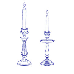 Pair of vintage candle holders with lit candles, blue outline illustration