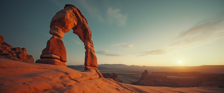Majestic sandstone arch stands tall against a dramatic sky during sunset, casting warm light across the desolate landscape.