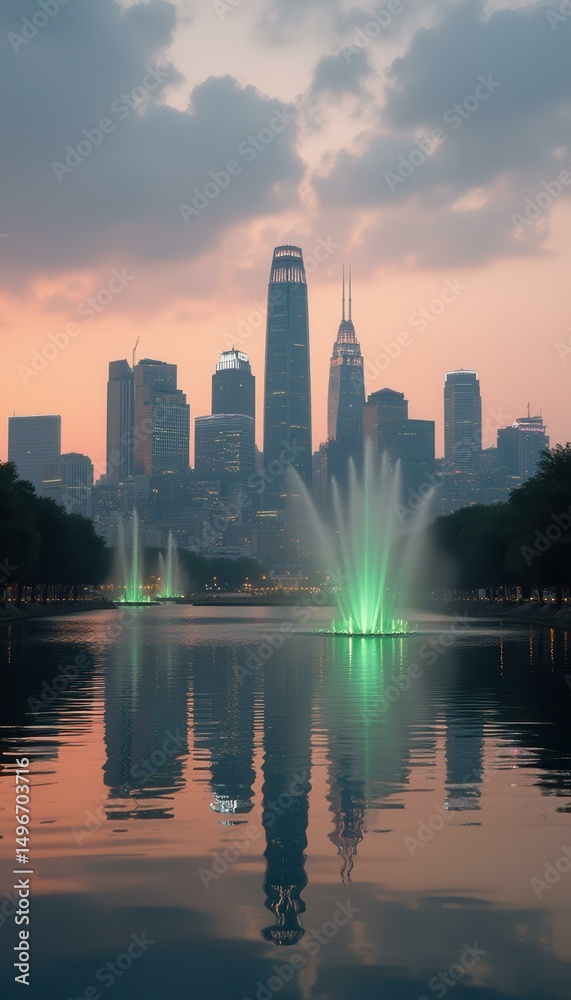Poster a scenic view of an artificial lake with illuminated fountains reflecting a modern city skyline at d