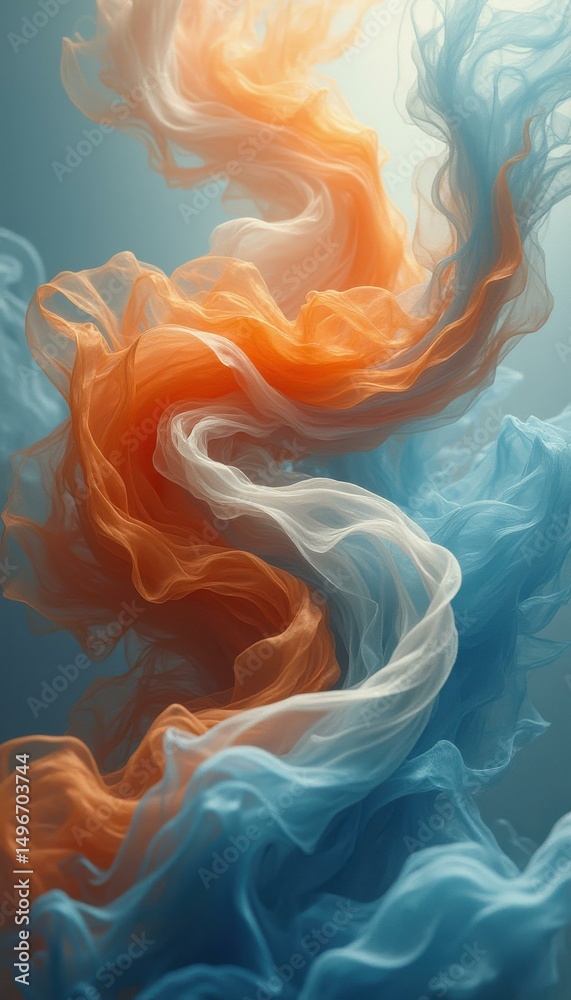 Leinwandbilder abstract swirling soft fabric in flowing orange, white, and blue hues creating dynamic and ethereal 
