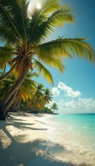 Fototapeta premium Turquoise Sea Meets Sandy Beach Under Palm Trees on Tropical Island in the Caribbean on a Sunny Day