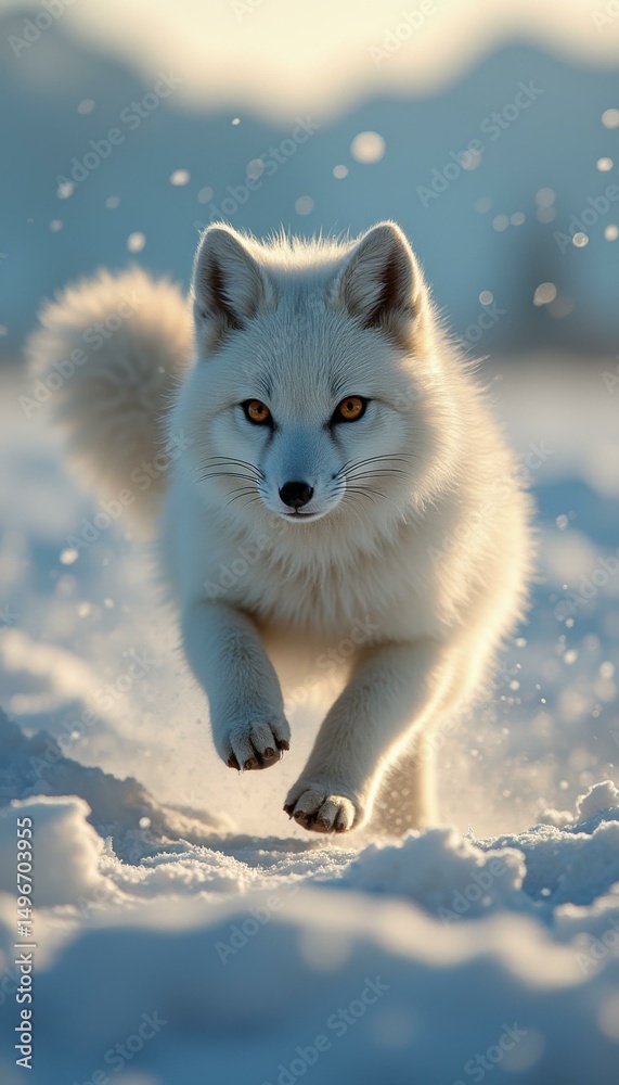 Poster arctic fox running through snow, its fur gleaming in the bright winter sunlight, creating a captivat