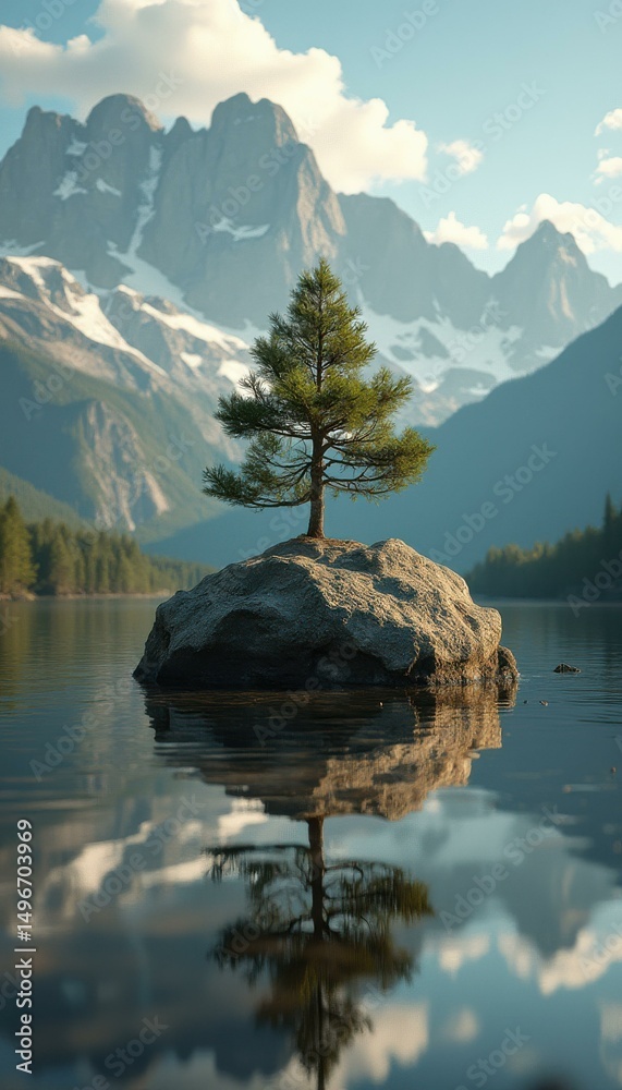 Poster serene tree atop rock formation in calm lake with mountain backdrop