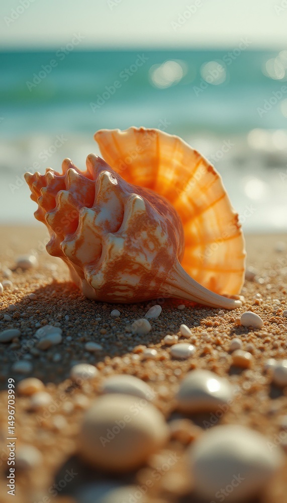 Poster elegant seashell on sandy beach with glimmering ocean backdrop for summer theme