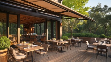 Fototapeta premium Outdoor dining area with modern design, overlooking a lush garden