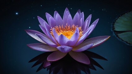 Beautiful purple lotus flower with yellow center floating and reflecting on calm water, creating a serene and tranquil scene in a dark background, symbolizing peace, purity, and mindfulness.