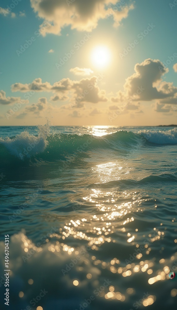 Poster serene ocean wave glimmers under the golden sunlight, creating a mesmerizing seascape with a tranqui
