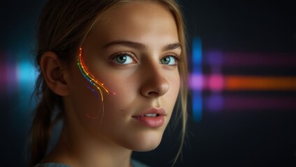 Creative Portrait of a Girl Illuminated by Colorful Code Projections
