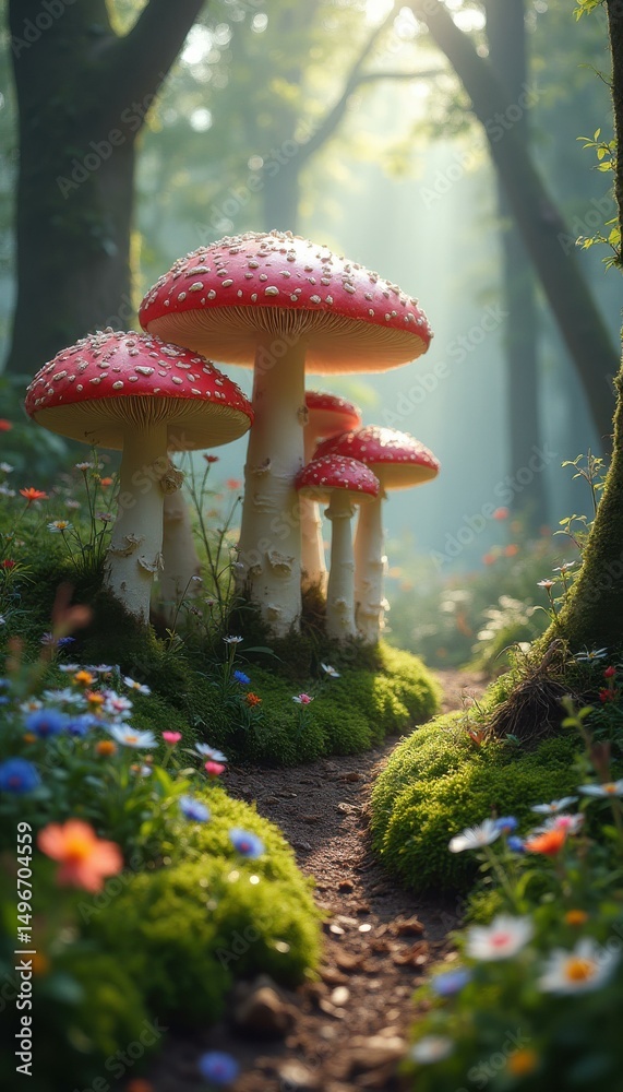 Poster enchanted forest path with red and white mushrooms
