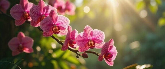 Obraz na płótnie Canvas Pink Striped Orchid Flowers on a Branch with Warm Sunlight Background in Bloom