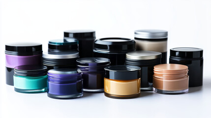 Assorted cosmetic containers arranged neatly on a white background for beauty advertising