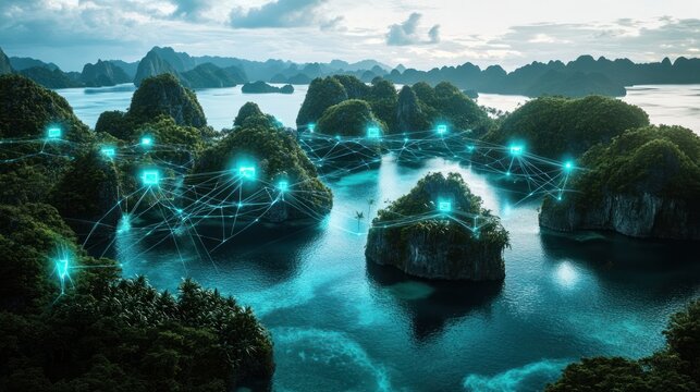 Islands connected by a network. Lush, tropical archipelago