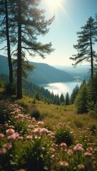 Scenic Mountain Lake Vista with Wildflowers and Pine Trees in Sunlight