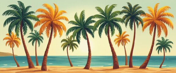 Obraz premium Vivid tropical beach scene with palm trees in green and yellow, sand, and turquoise water.