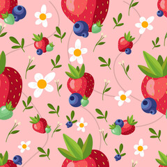 Pink Seamless Pattern with Strawberries, Blueberries and Summer Flowers