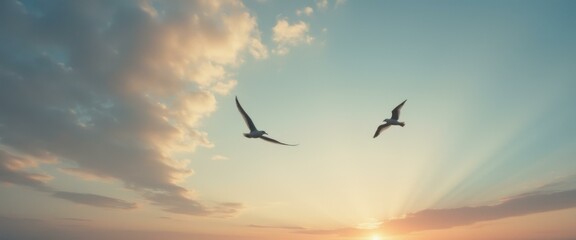 Seagulls soaring freely during a colorful and inspirational sunset sky