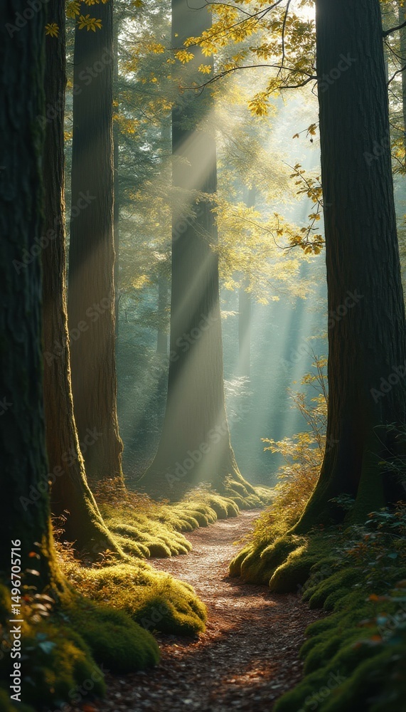 Aufkleber Sunlight filters through a dense forest canopy, illuminating a mossy path flanked by towering trees
