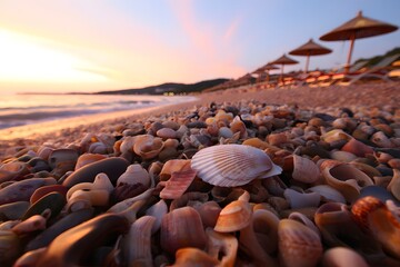 Obraz premium A serene coastal landscape unfolds at dawn, where the foreground features a collection of sun-kissed seashells and pebbles.