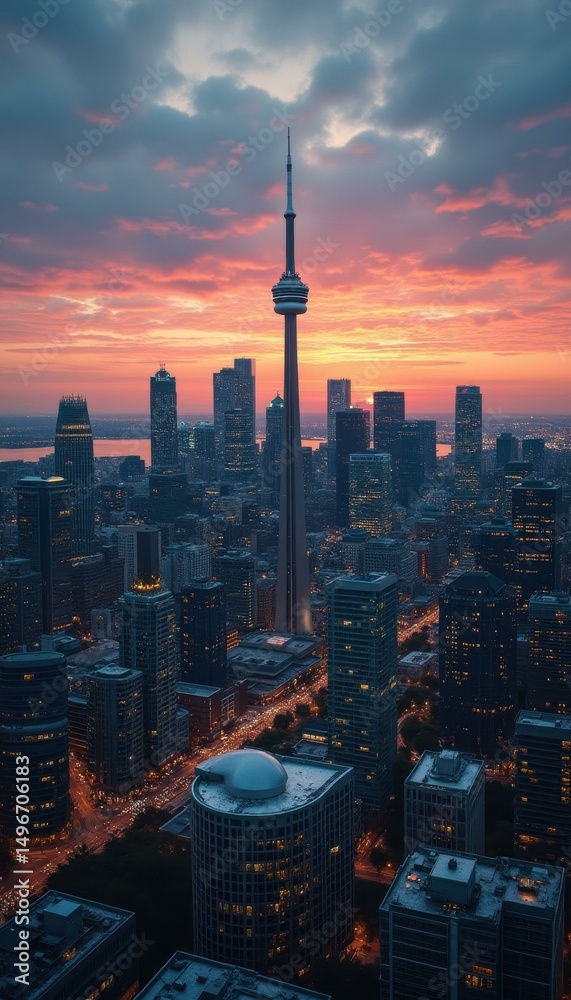 Poster impressive futuristic skyline during sunset displaying various high-rise buildings with towering str