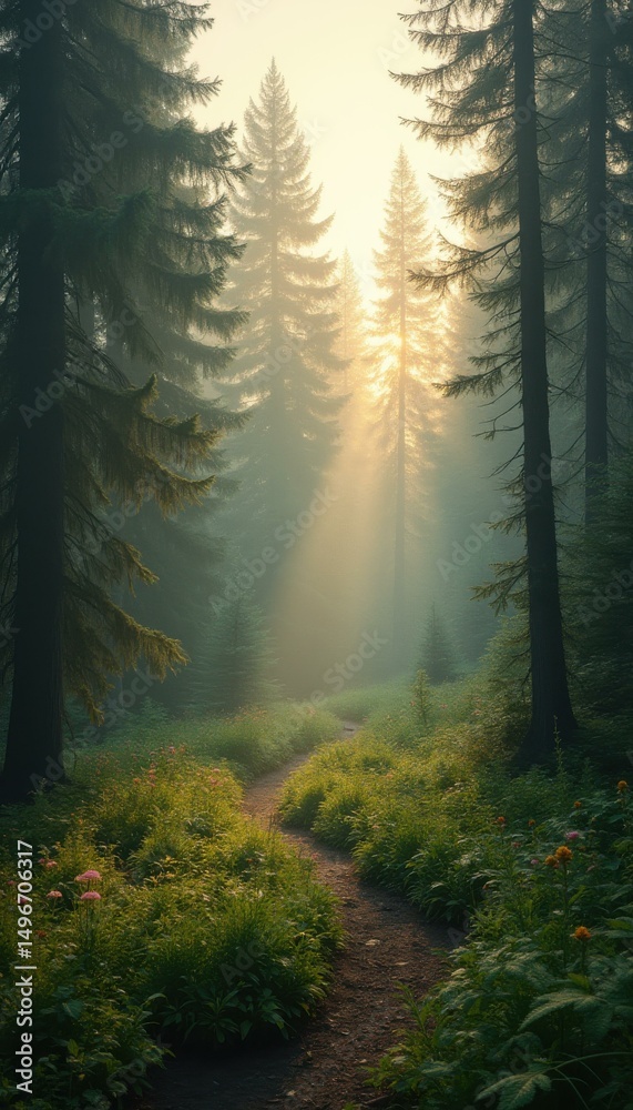 Aufkleber forest path at dawn: a serene scene of sunlight filtering through trees