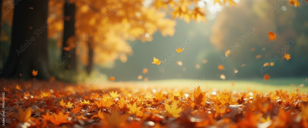 Aufkleber autumnal serenity: golden maple leaves falling in a tranquil forest landscape with soft focus and wa