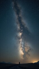 Obraz premium Solitary silhouette beneath the Milky Way gazing at a starry night sky